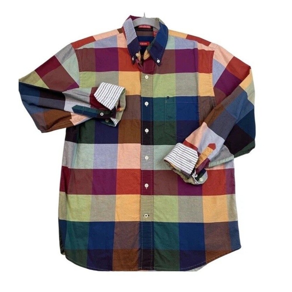 IZOD Men’s M Button Down Shirt Multicolor Plaid  check Long Sleeve Preppy Casual